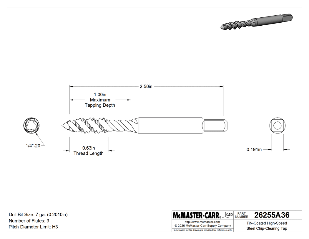 Technical Drawing of TiN-Coated High-Speed Steel Chip-Clearing Tap, for Blind Holes, Plug Chamfer, 1/4"-20 Thread Size.